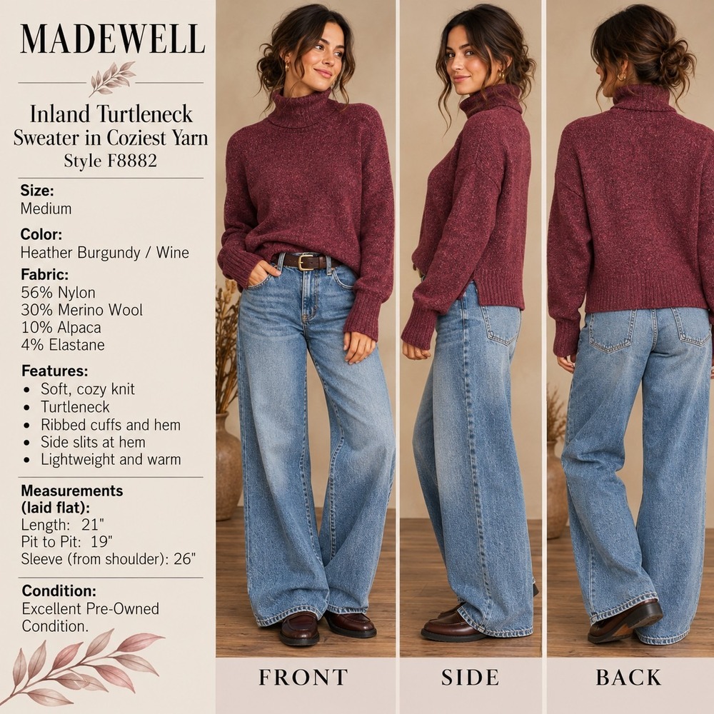 Madewell Inland Turtleneck Sweater M Heather Burgundy Merino Wool Alpaca